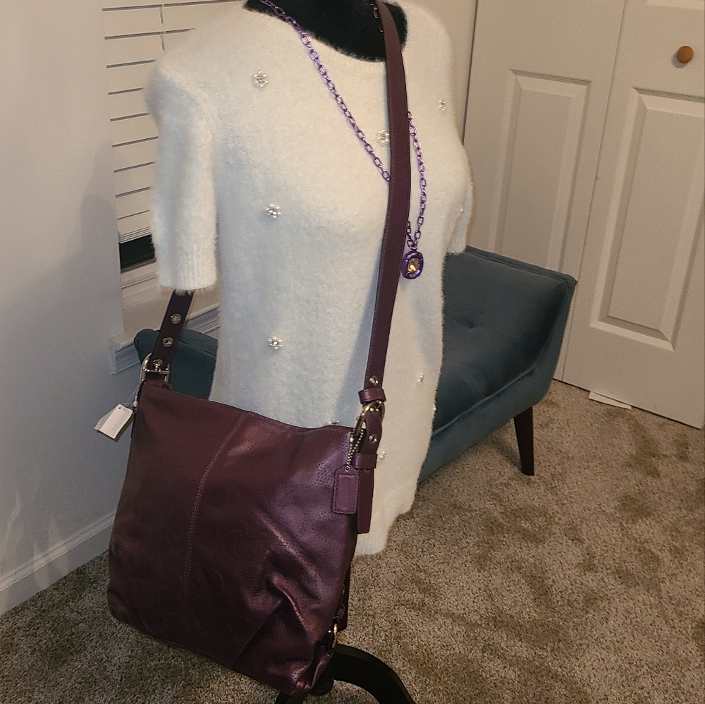 NWT Coach plum/silver perforated leather duffle shoulder bag F19407 - Picture 12 of 14